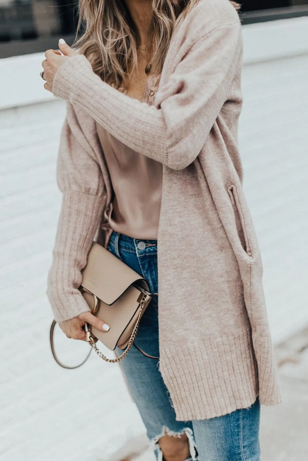 Smoke Gray Ribbed Trim Puff Sleeve Sweater Cardigan