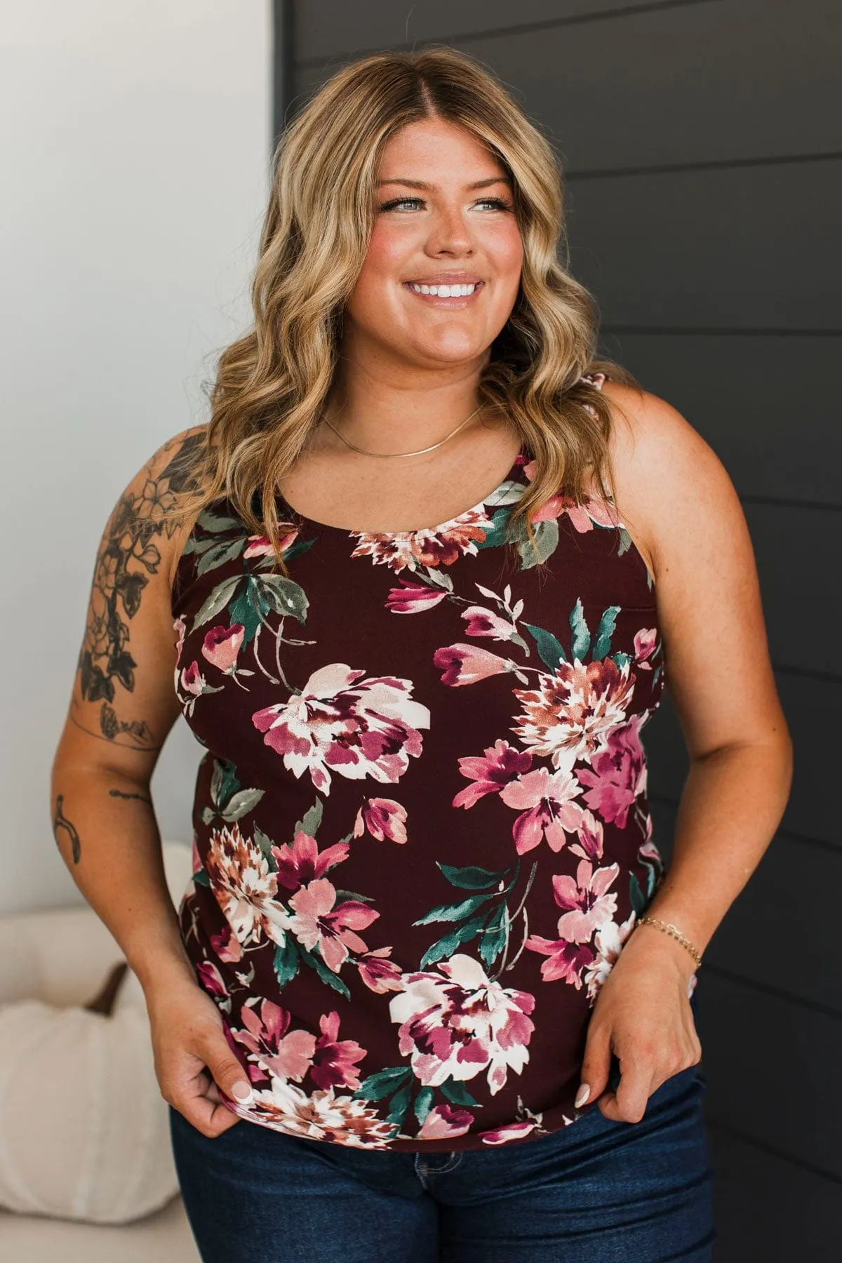 So Much To See Floral Tank Top- Deep Burgundy