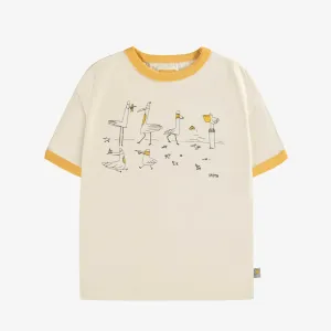 T-shirt à manches courtes crème avec oiseaux en jersey, enfant || Cream short sleeves t-shirt with birds in jersey, child