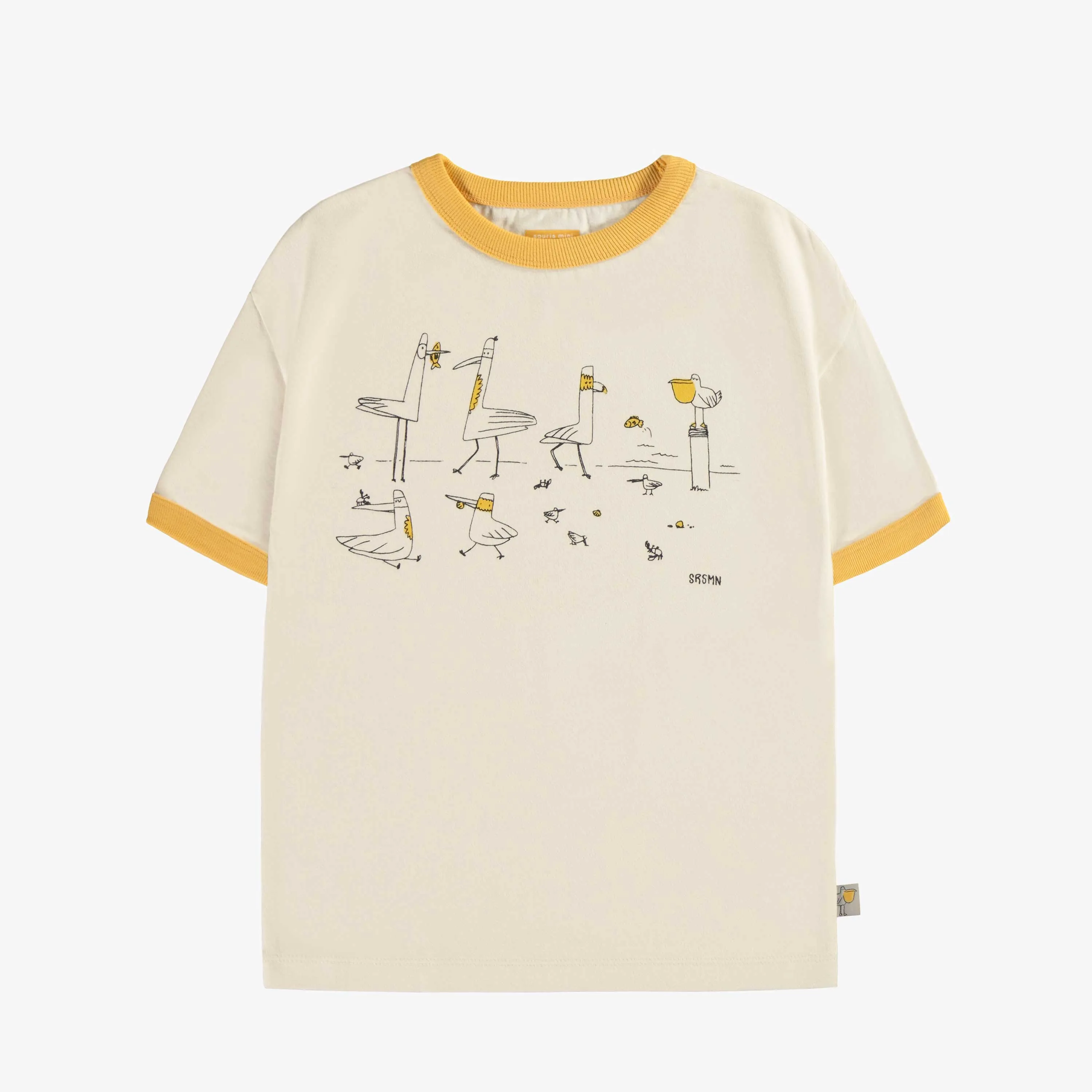 T-shirt à manches courtes crème avec oiseaux en jersey, enfant || Cream short sleeves t-shirt with birds in jersey, child
