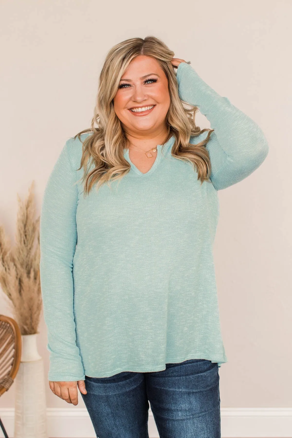 Thank Me Later Ribbed Knit Top- Aqua