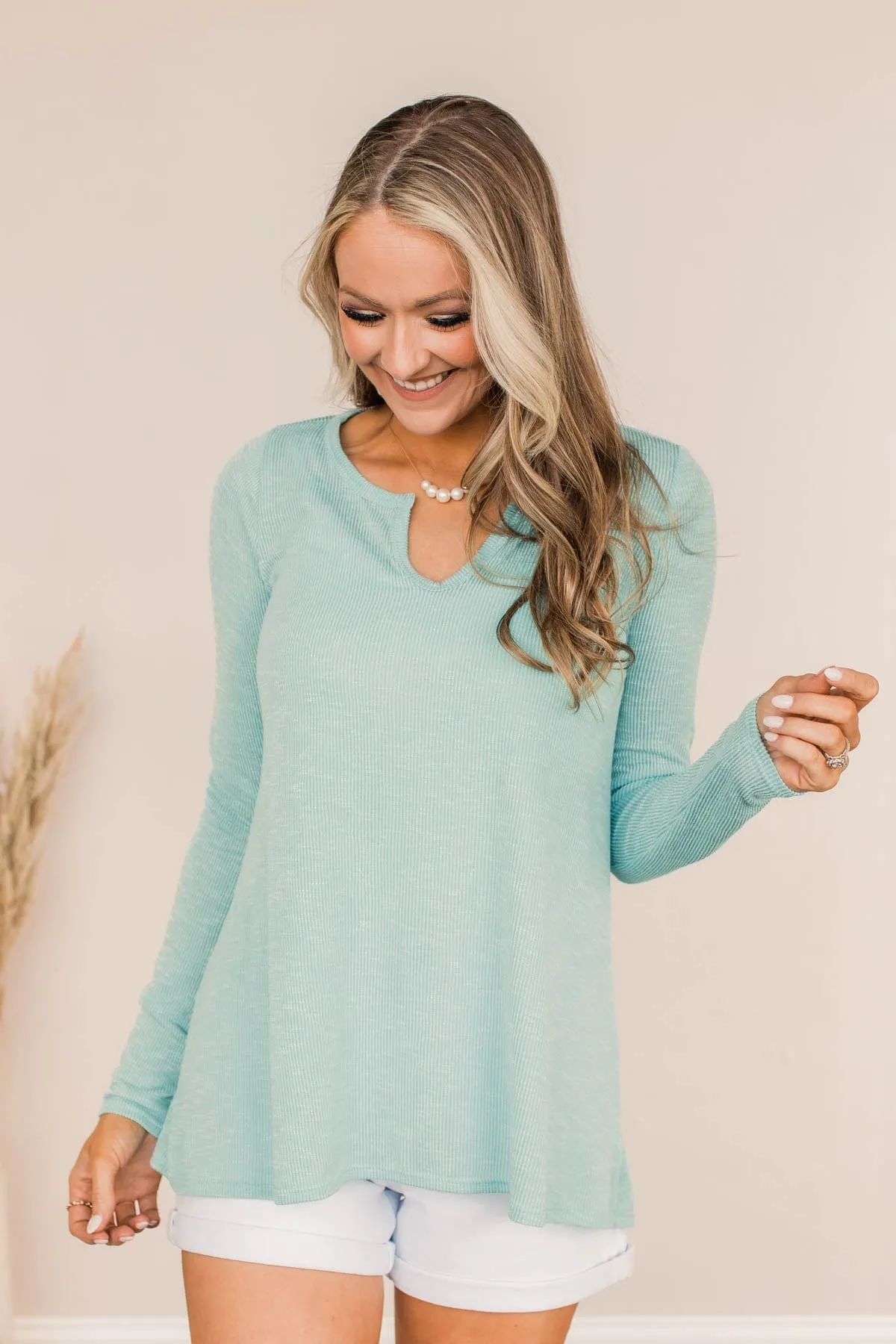 Thank Me Later Ribbed Knit Top- Aqua