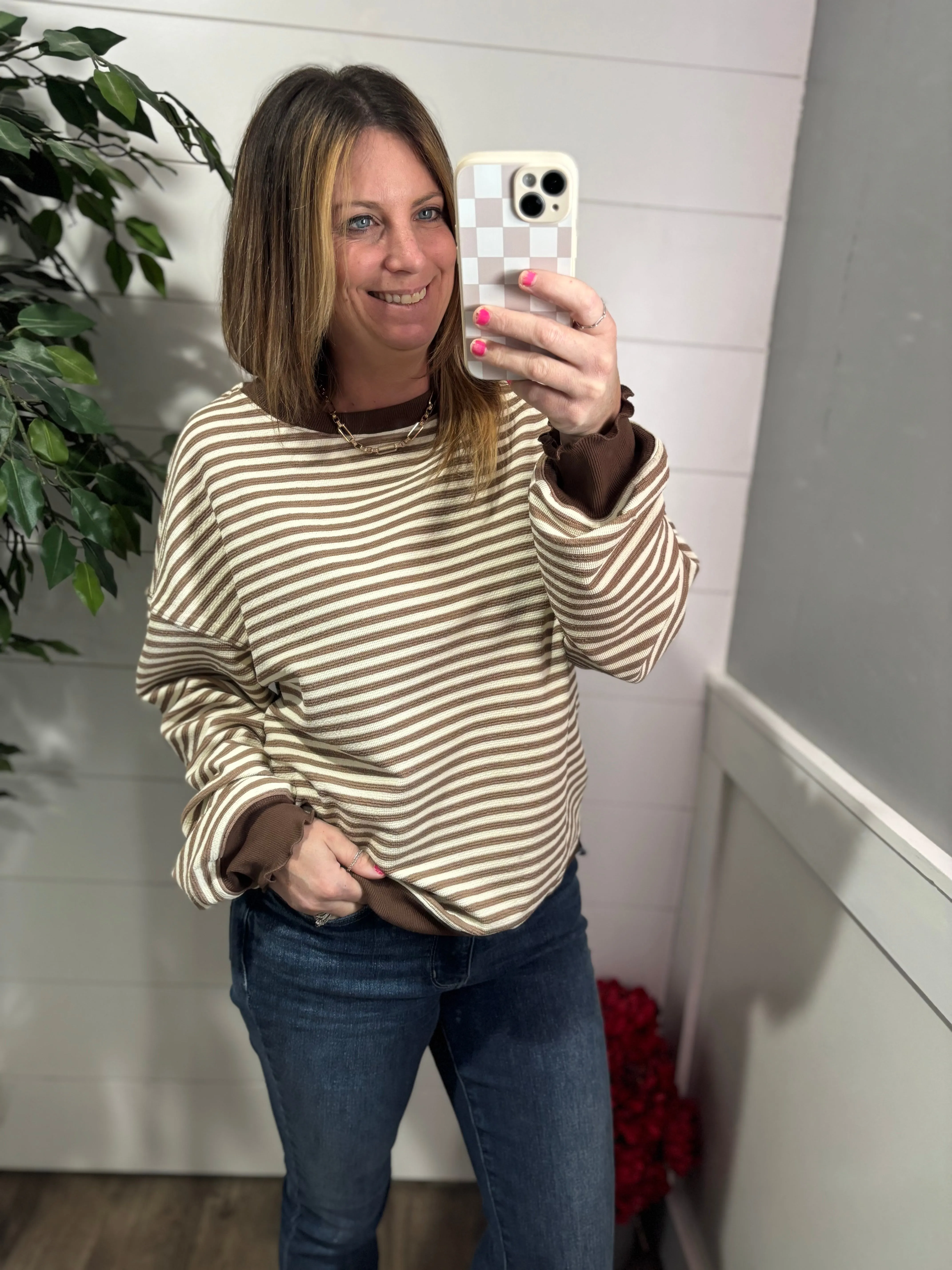 Too Good to be True Striped Drop Shoulder Top in Brown