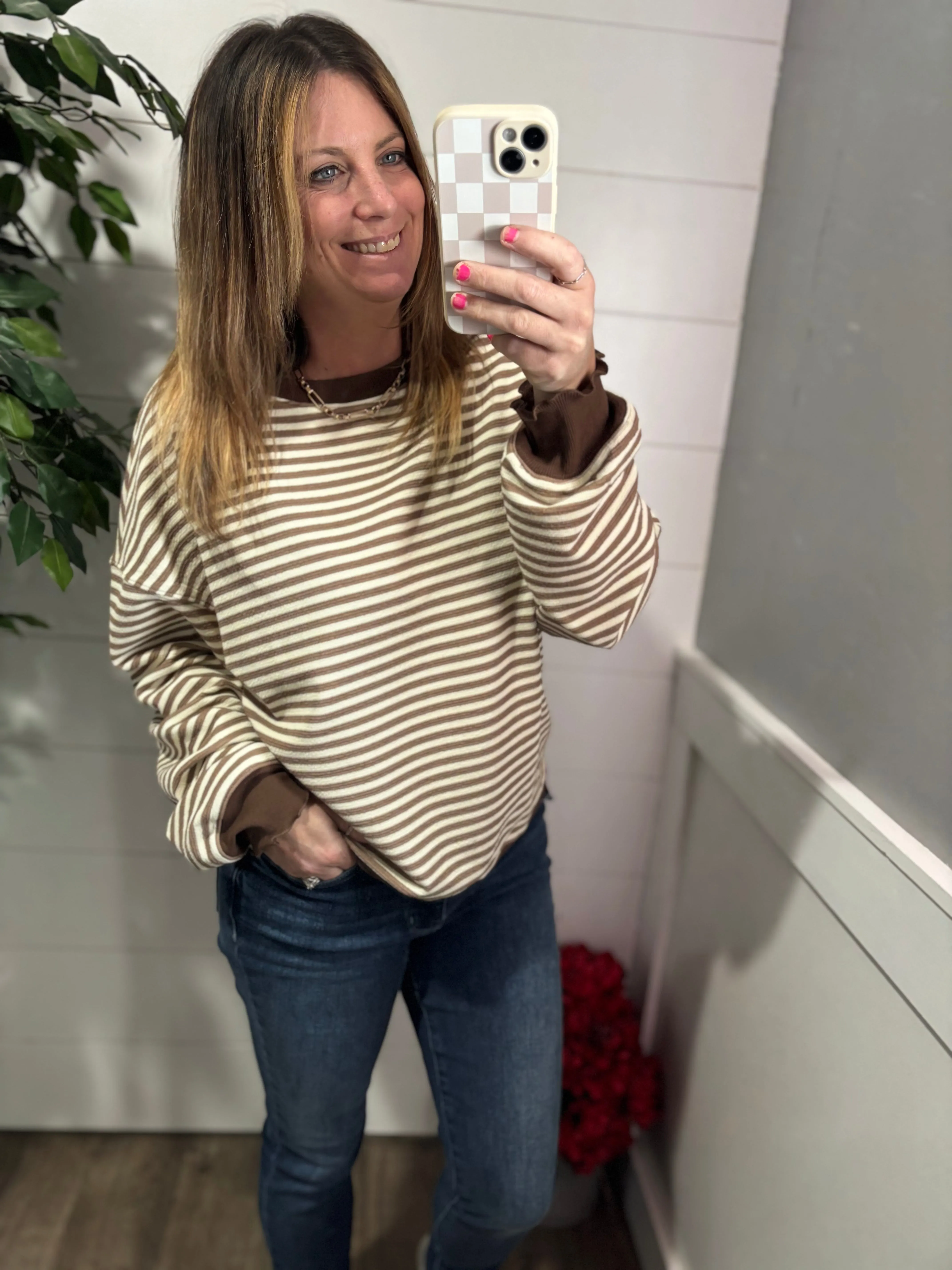 Too Good to be True Striped Drop Shoulder Top in Brown