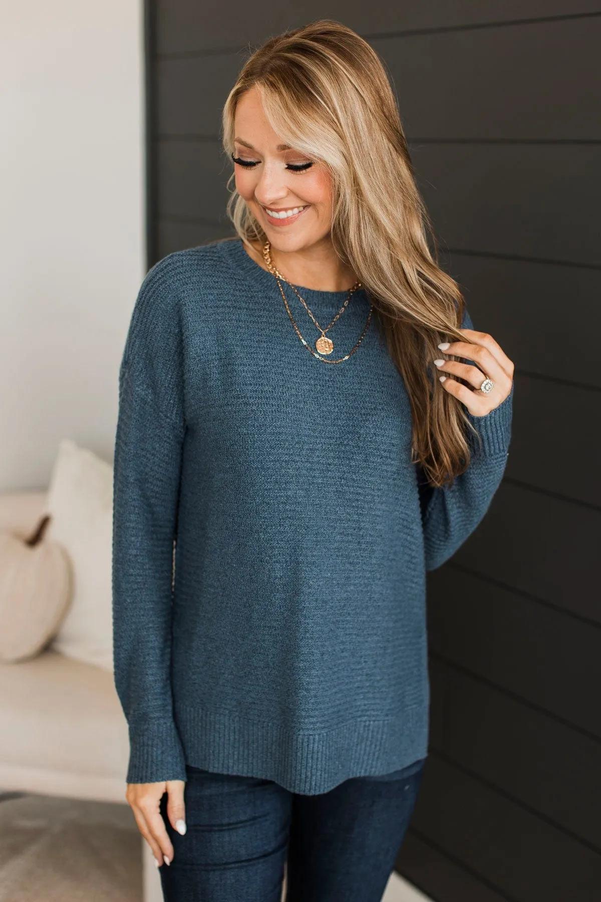 Unbelievably Sweet Ribbed Sweater- Light Navy