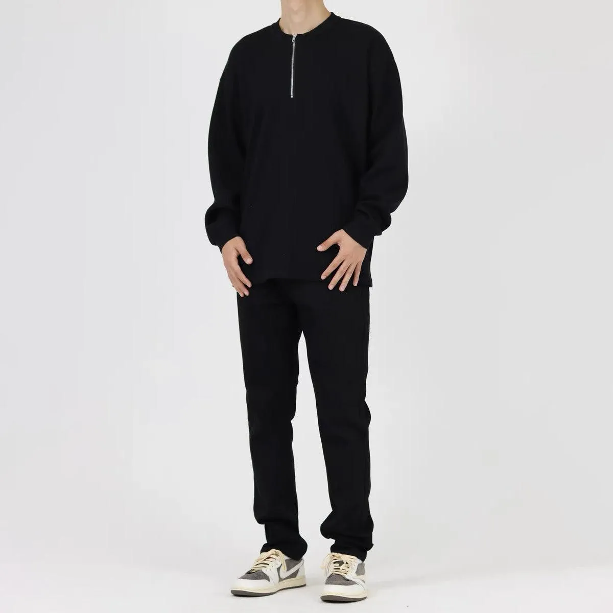 Waffle Half-Zip Round Neck Sweatshirt