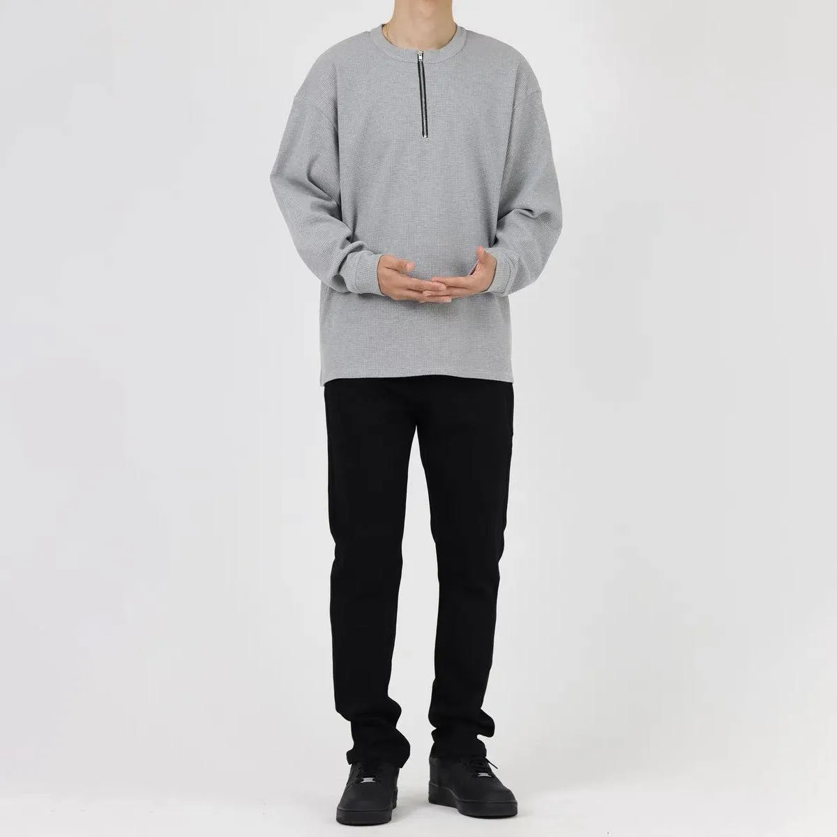 Waffle Half-Zip Round Neck Sweatshirt