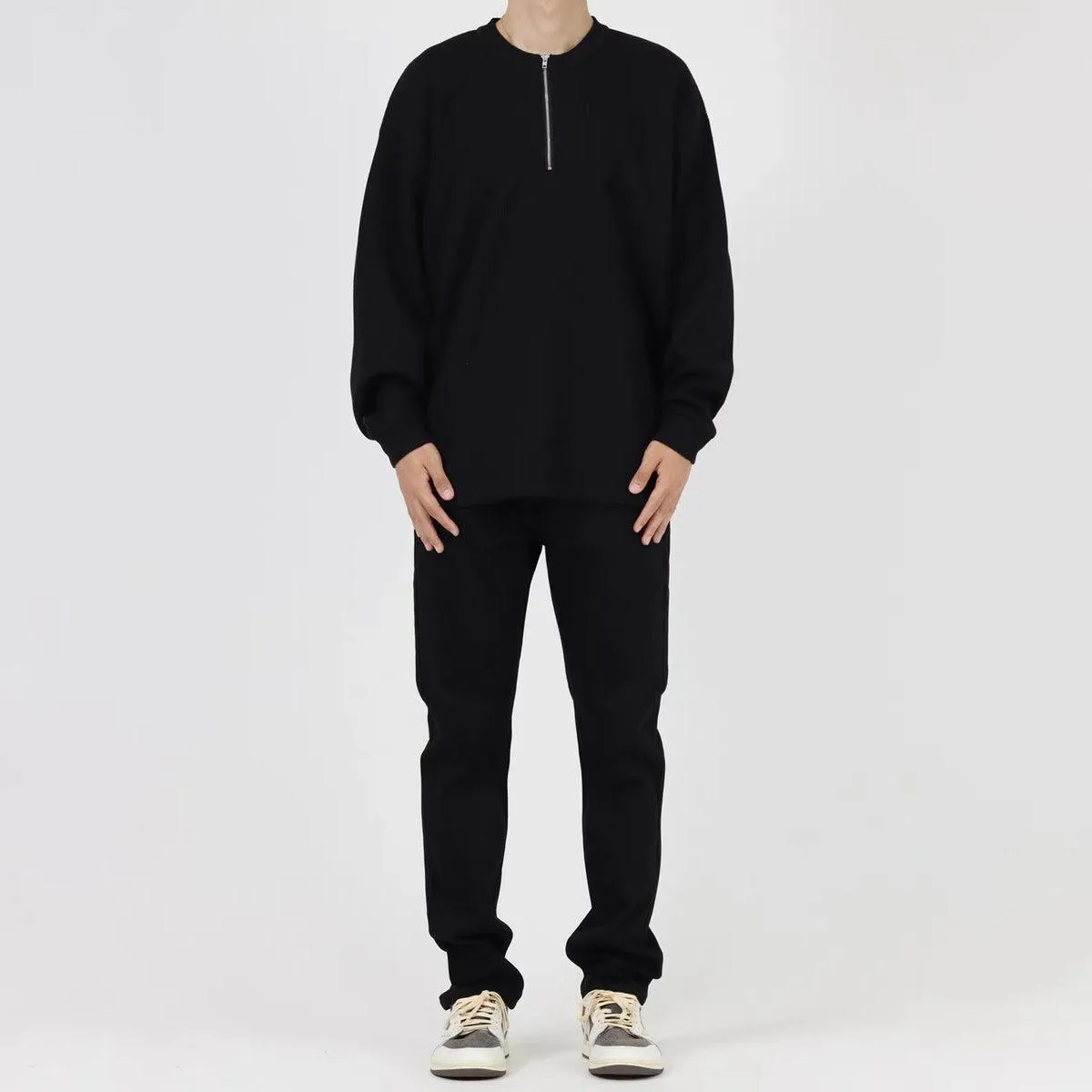 Waffle Half-Zip Round Neck Sweatshirt