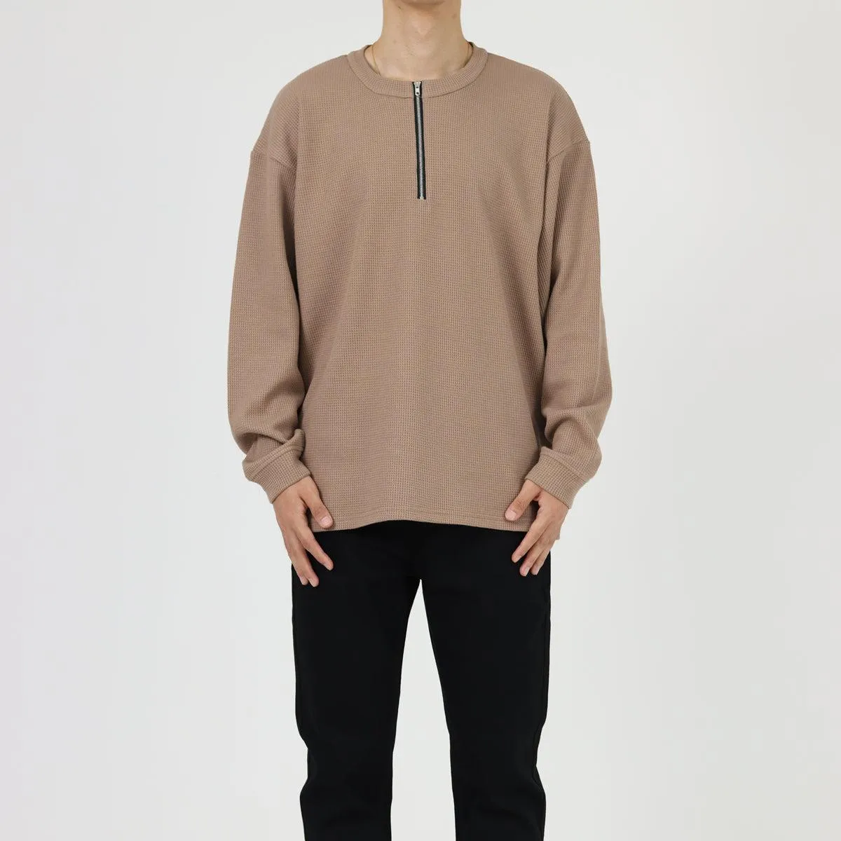 Waffle Half-Zip Round Neck Sweatshirt