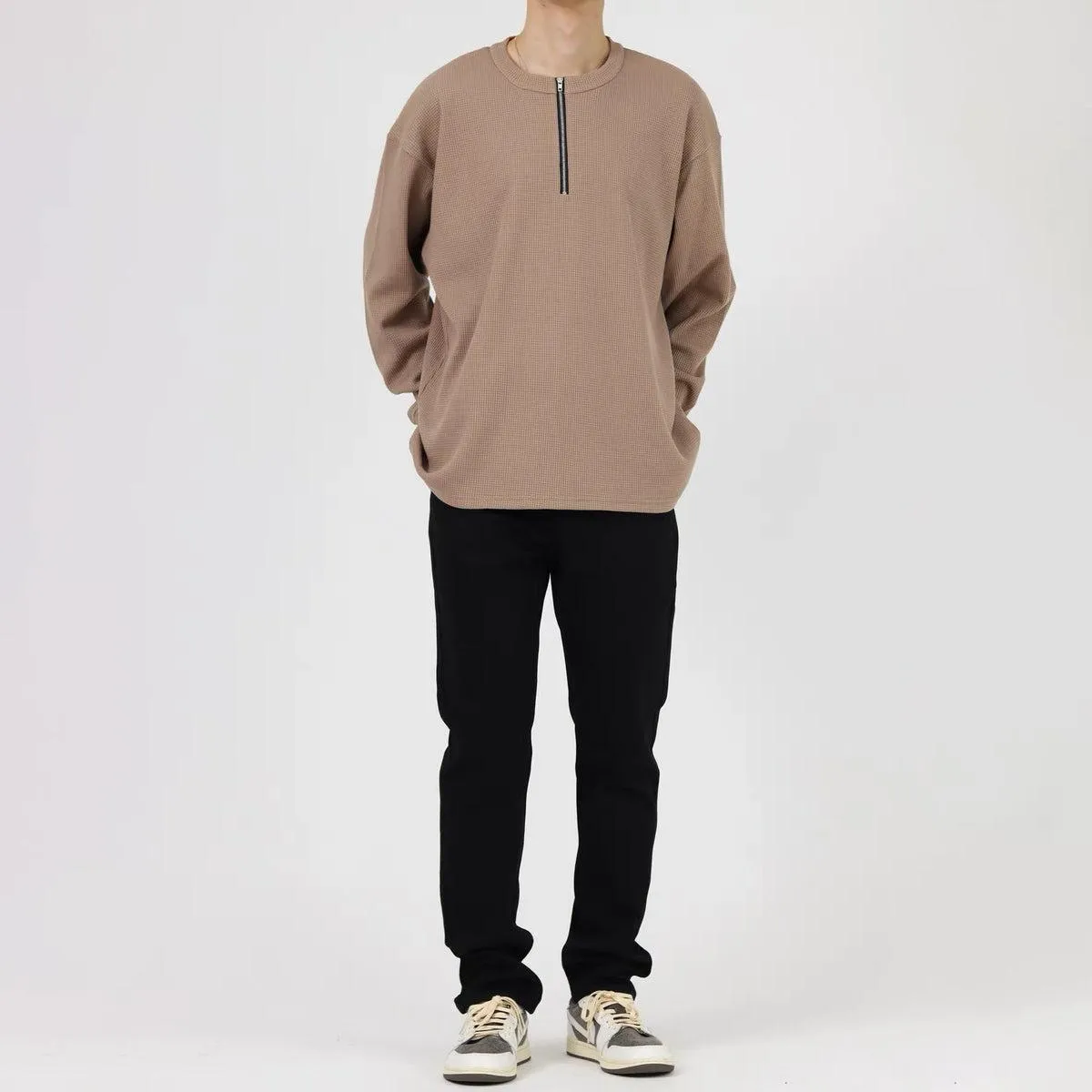Waffle Half-Zip Round Neck Sweatshirt