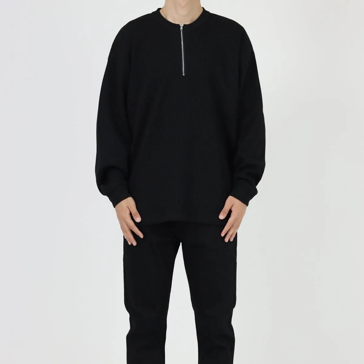 Waffle Half-Zip Round Neck Sweatshirt