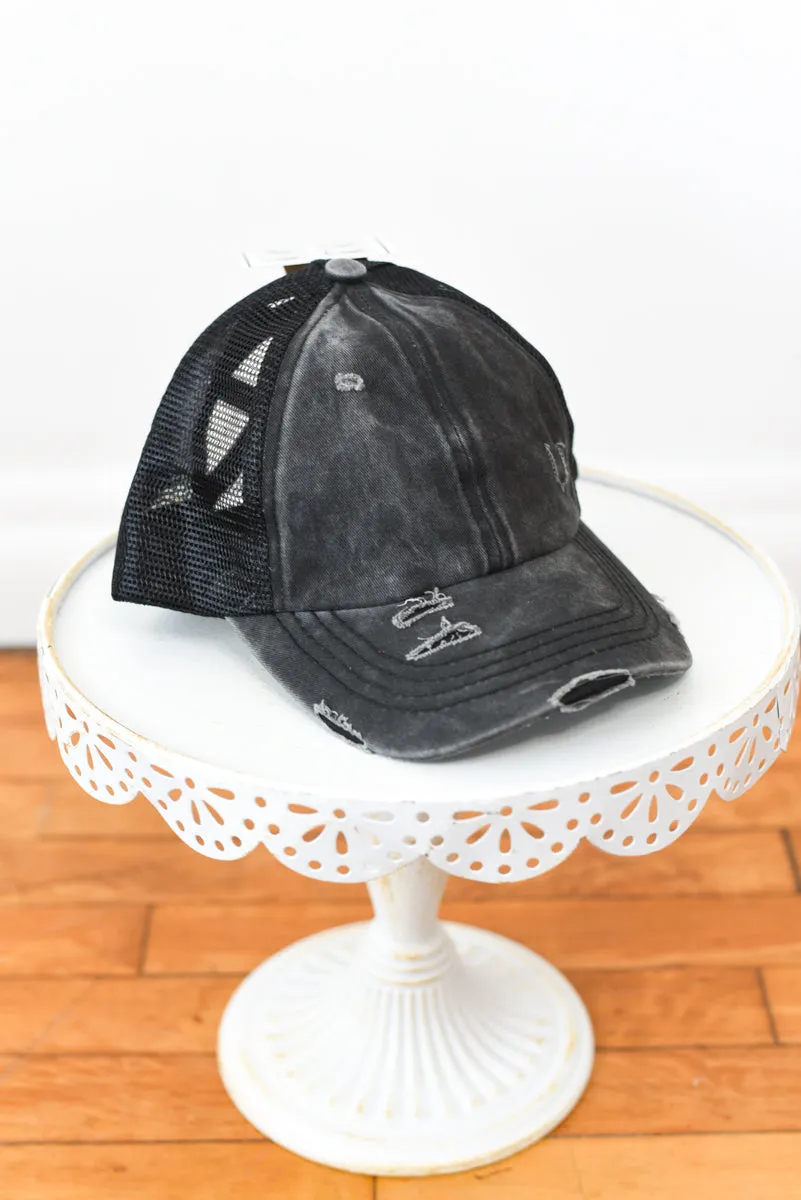 Washed Denim Criss-Cross High Pony Hat