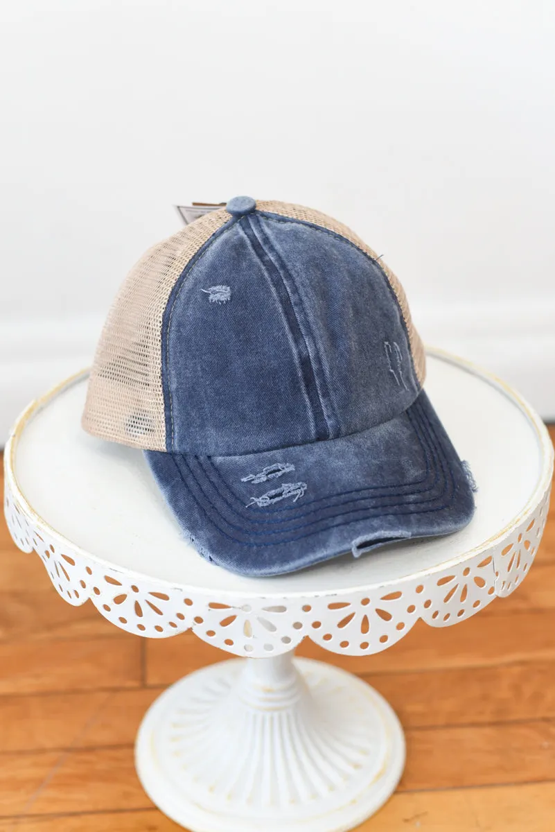 Washed Denim Criss-Cross High Pony Hat