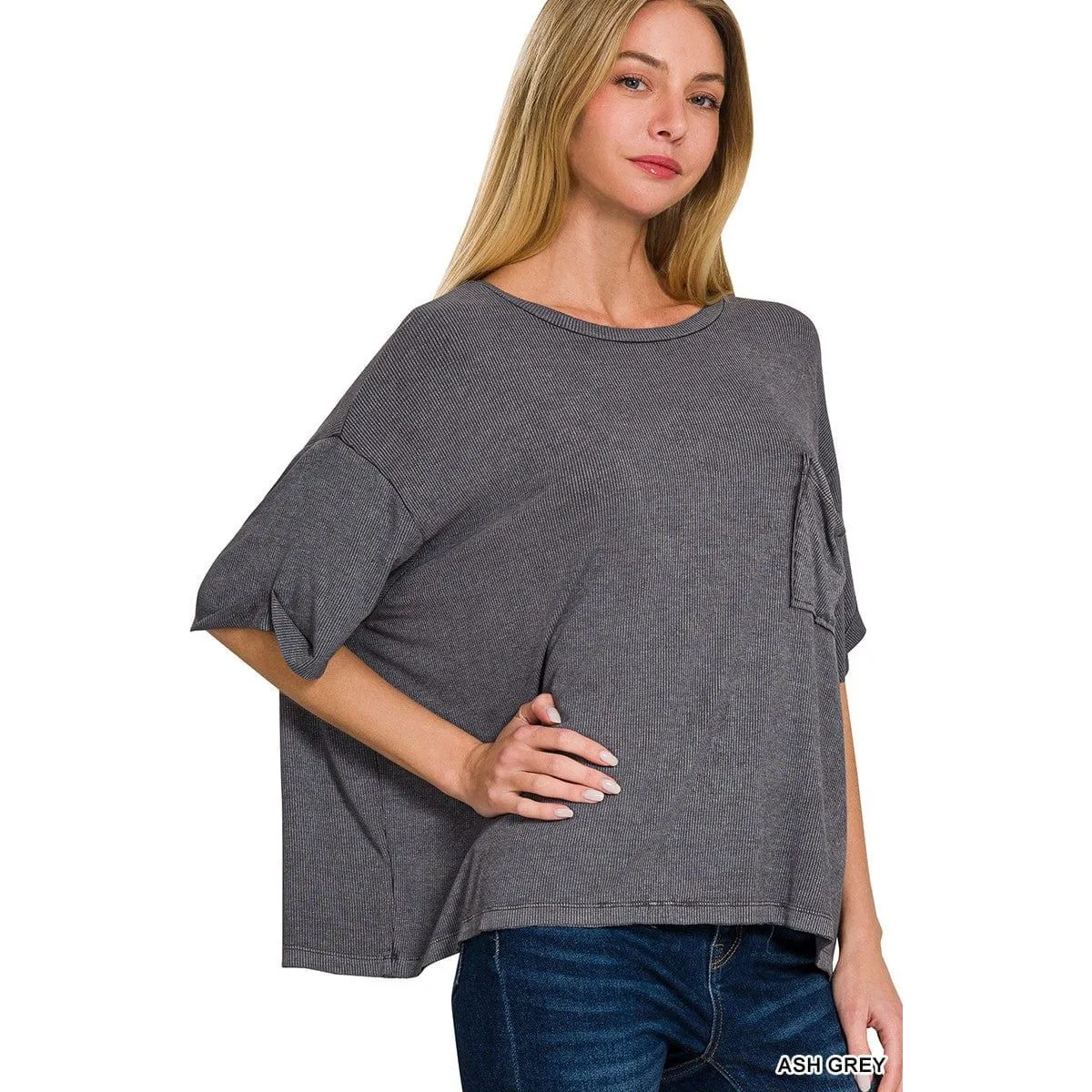 Washed Ribbed Cuffed Short Sleeve Round Neck Top