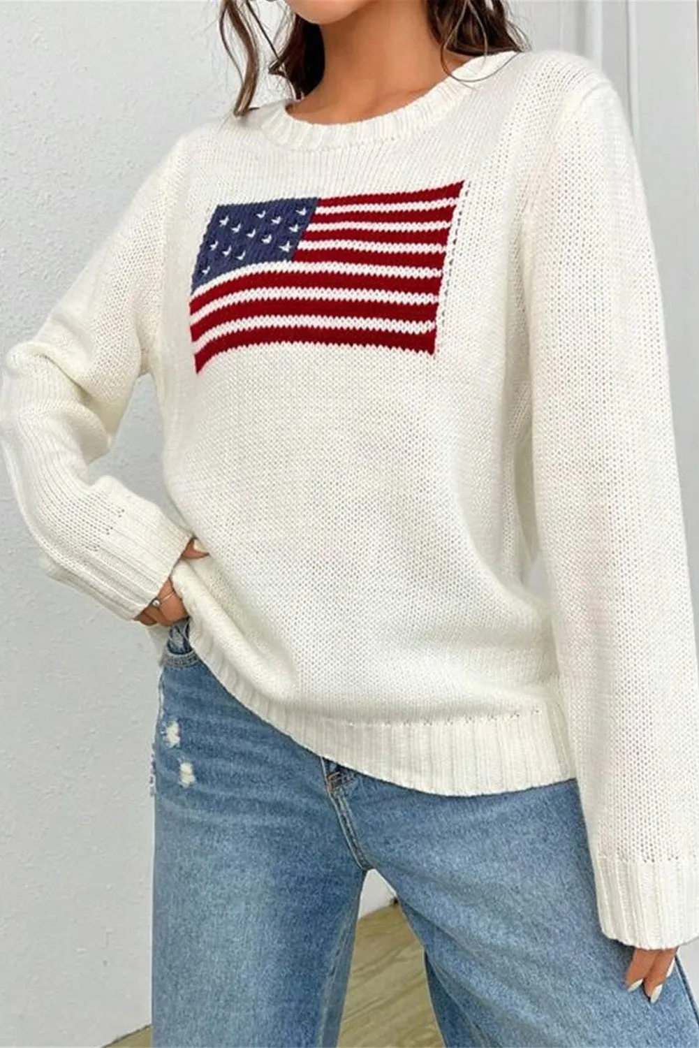White American Flag Pattern Ribbed Trim Sweater