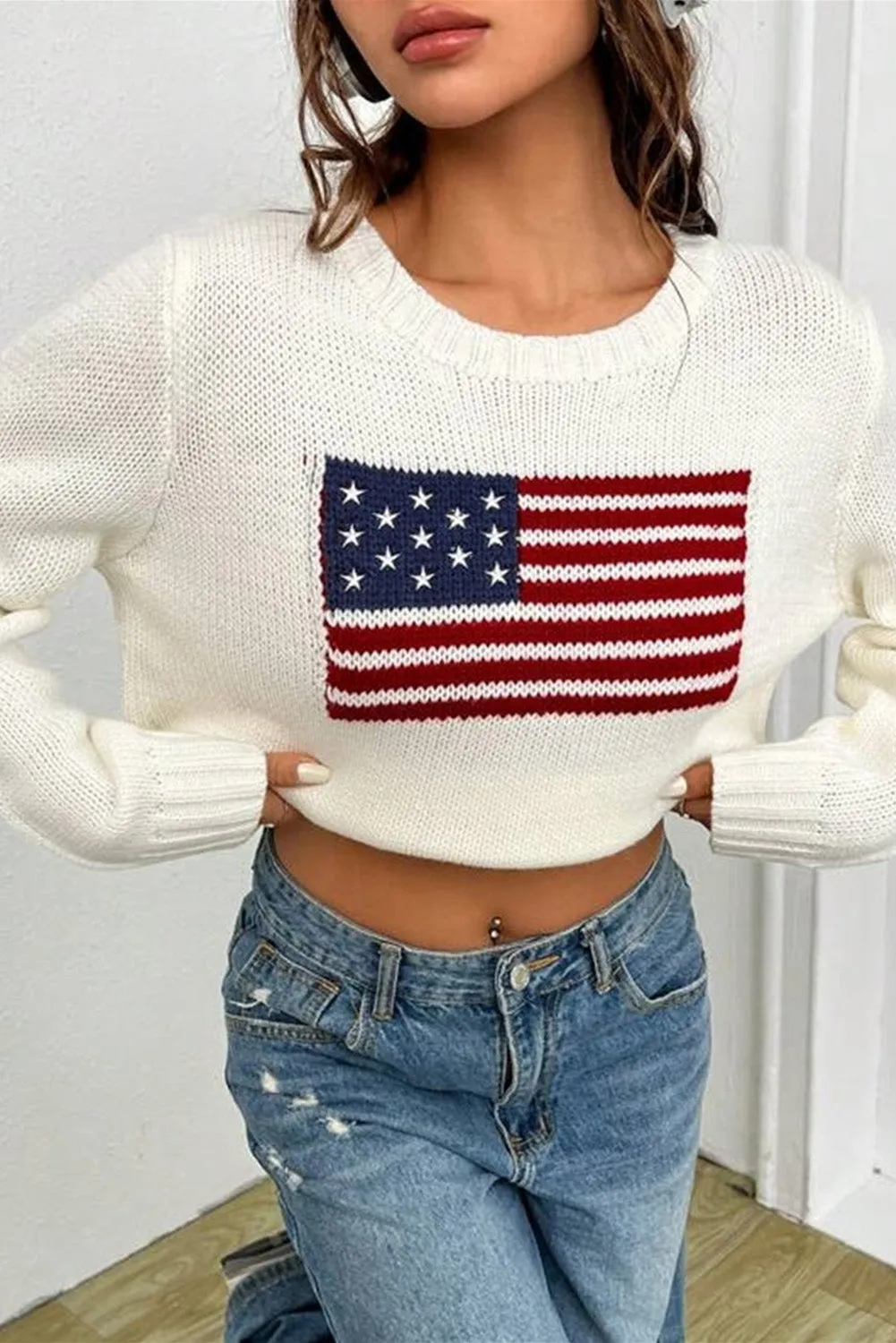 White American Flag Pattern Ribbed Trim Sweater