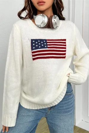 White American Flag Pattern Ribbed Trim Sweater