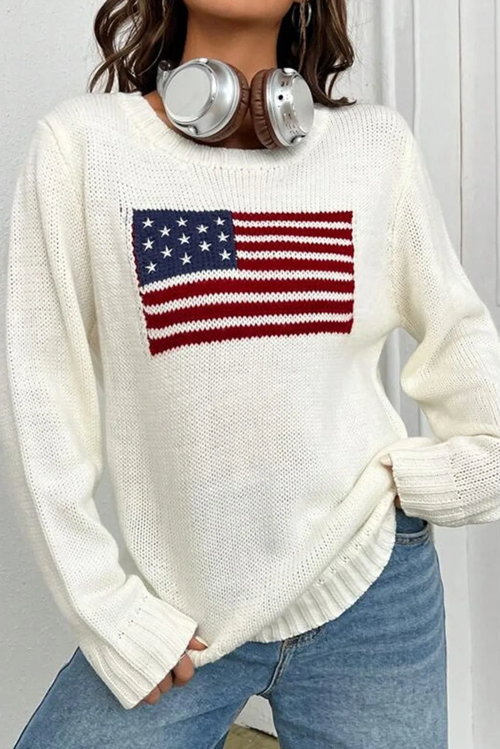 White American Flag Pattern Ribbed Trim Sweater