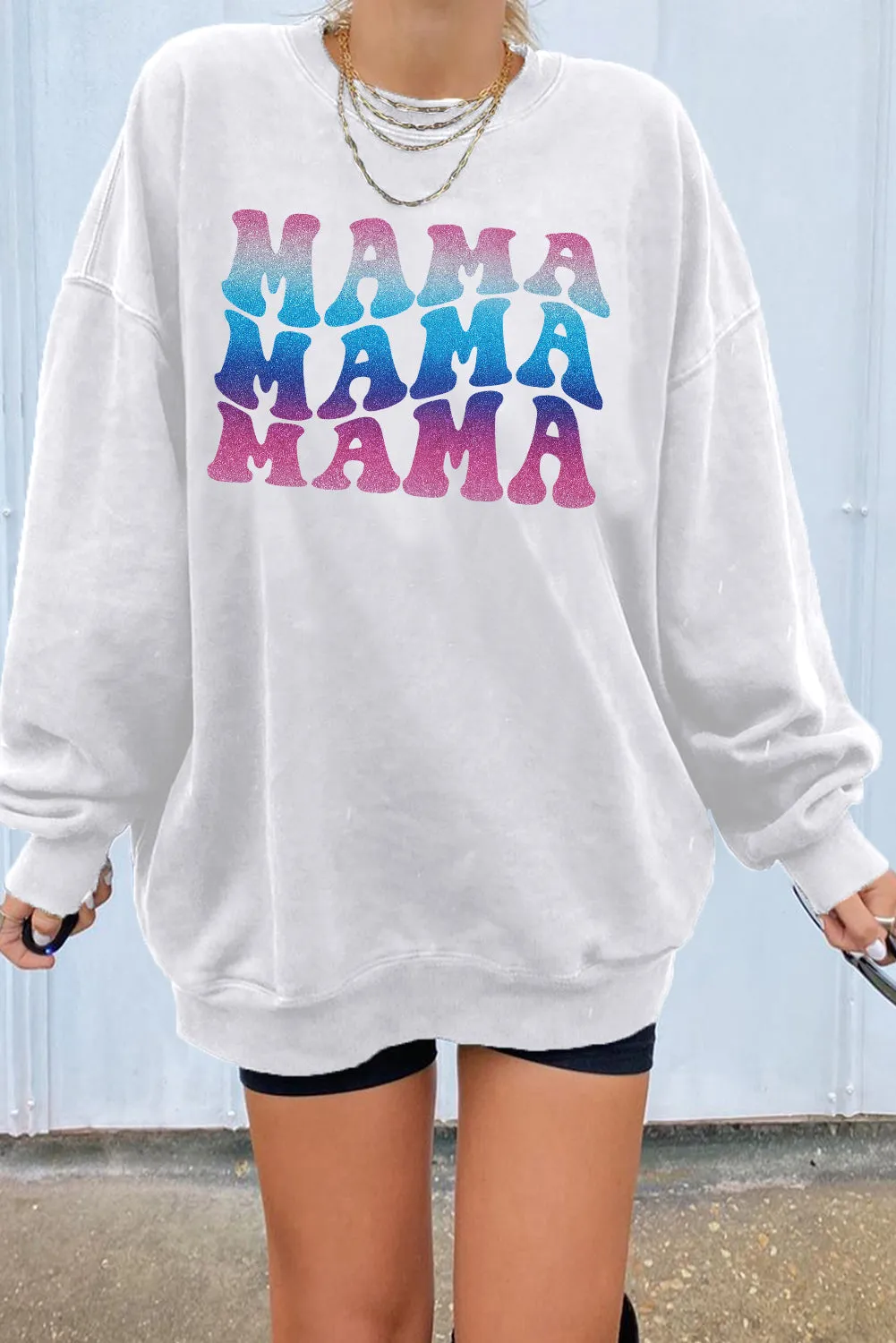 White MAMA Letter Glitter Graphic Print Long Sleeve Sweatshirt