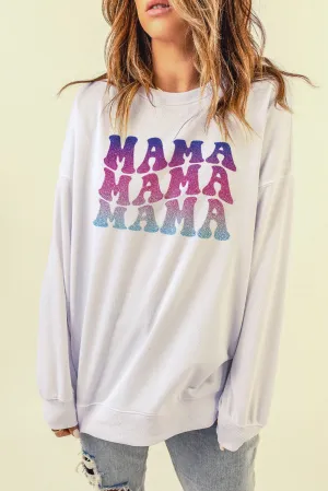 White MAMA Letter Glitter Graphic Print Long Sleeve Sweatshirt