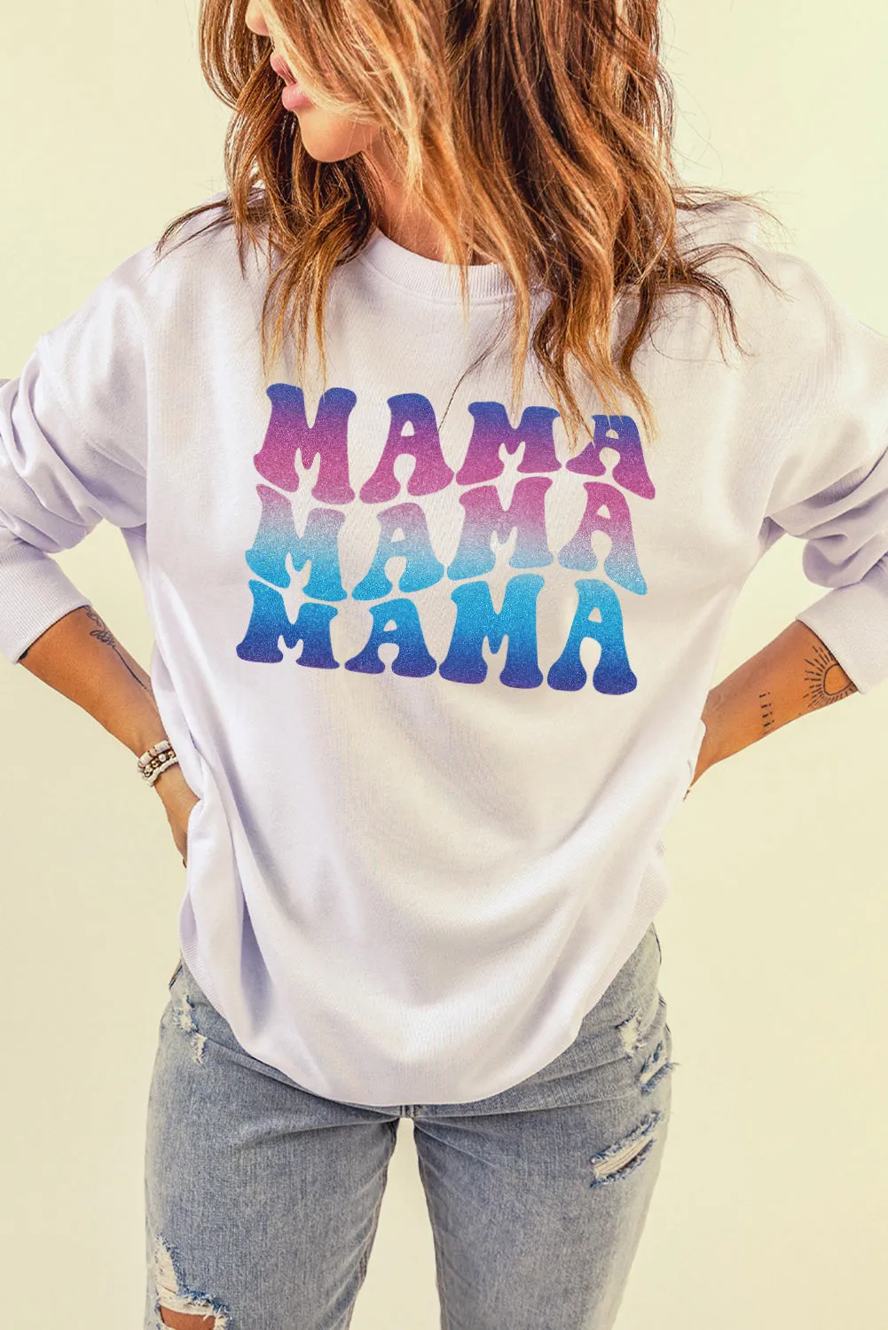 White MAMA Letter Glitter Graphic Print Long Sleeve Sweatshirt