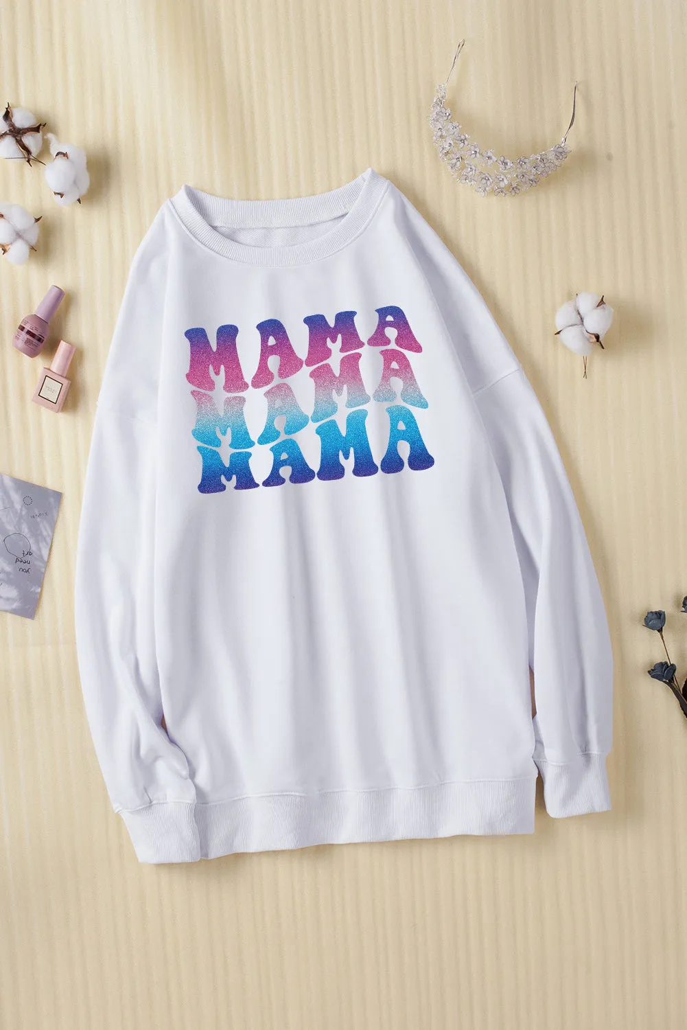 White MAMA Letter Glitter Graphic Print Long Sleeve Sweatshirt