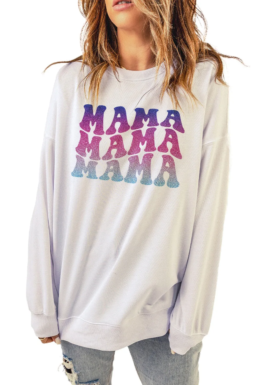 White MAMA Letter Glitter Graphic Print Long Sleeve Sweatshirt