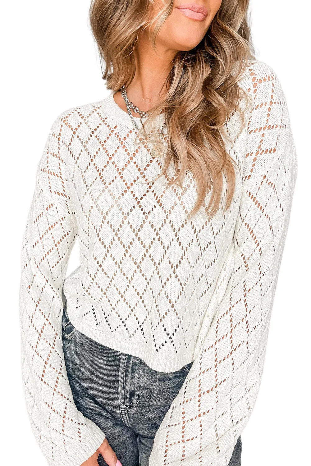 White Pointelle Knit Ribbed Trim Sweater