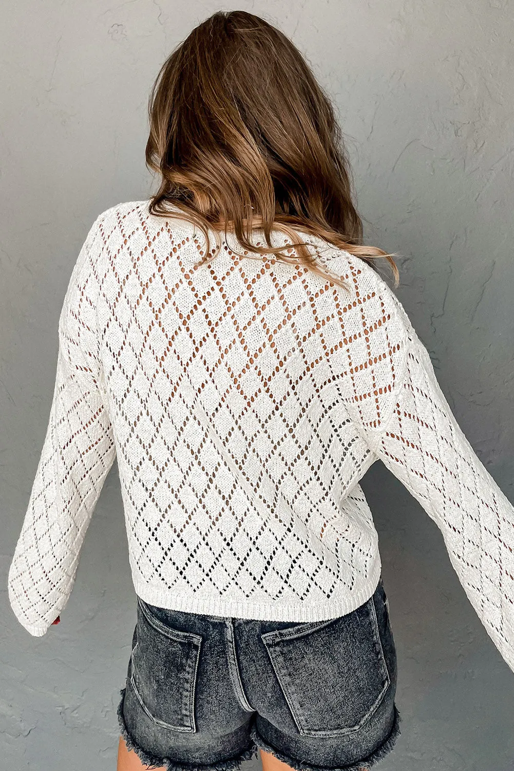 White Pointelle Knit Ribbed Trim Sweater
