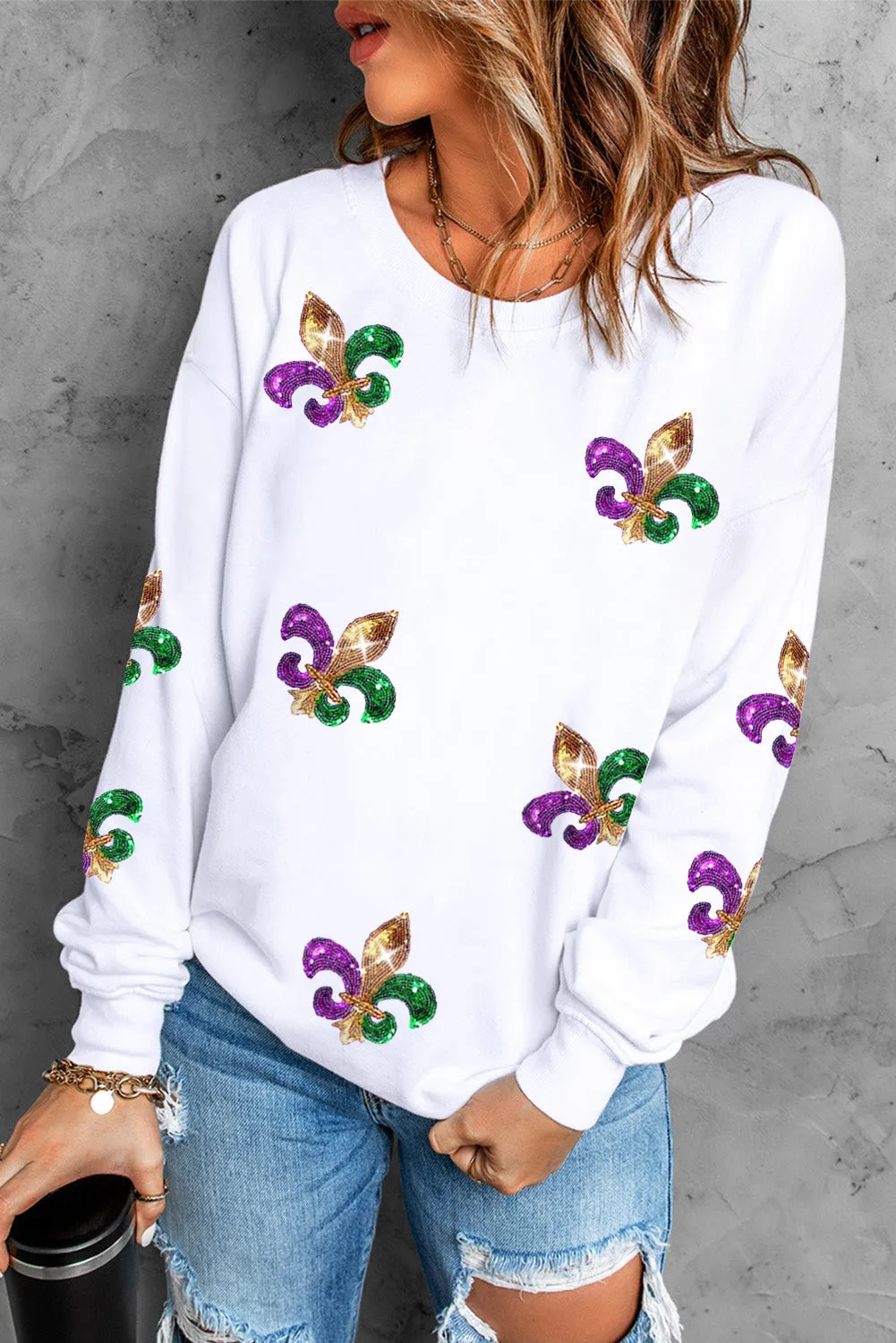 White Sequin Mardi Gras Graphic Pullover Sweatshirt