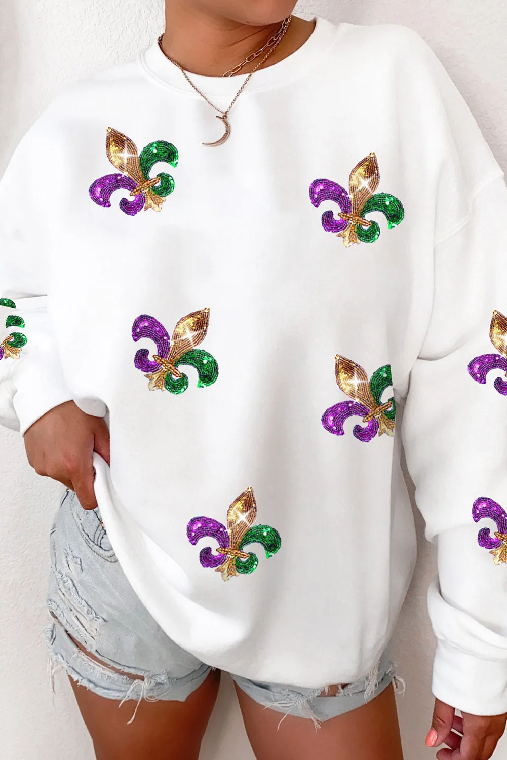 White Sequin Mardi Gras Graphic Pullover Sweatshirt