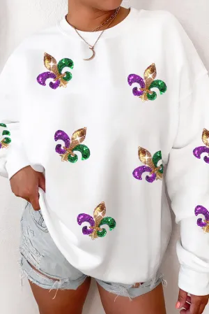 White Sequin Mardi Gras Graphic Pullover Sweatshirt