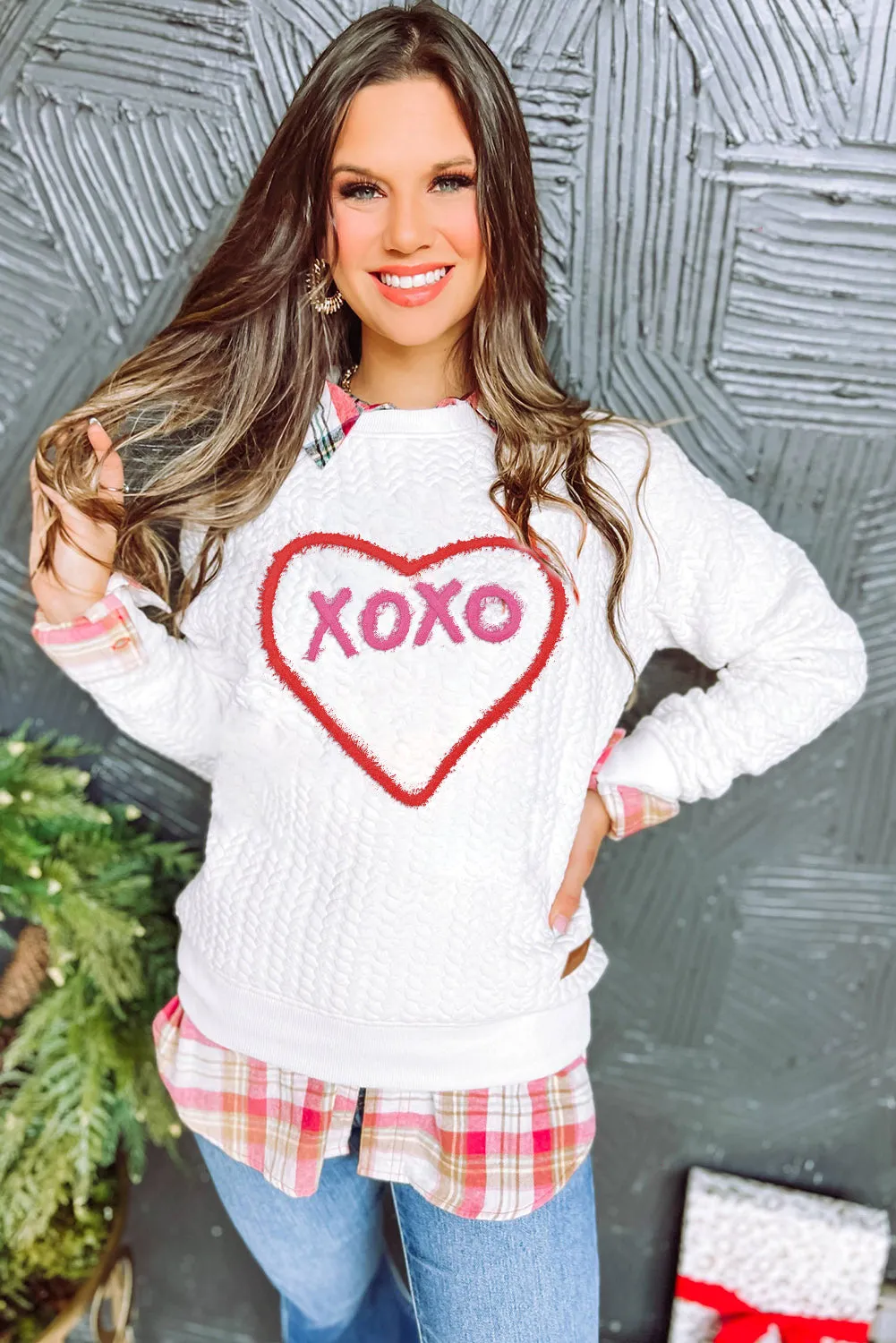 White Valentines Heart XOXO Graphic Textured Sweatshirt