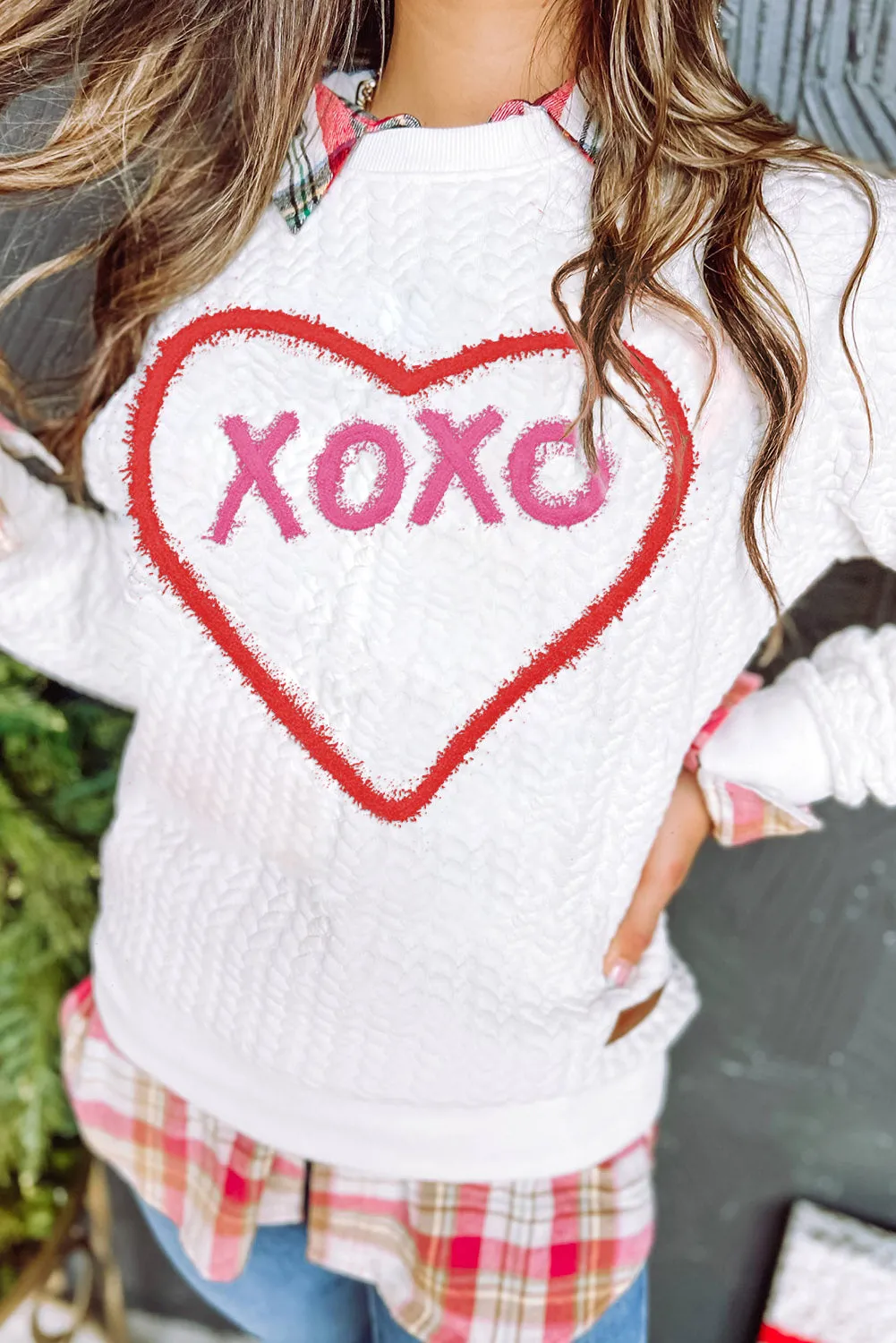 White Valentines Heart XOXO Graphic Textured Sweatshirt