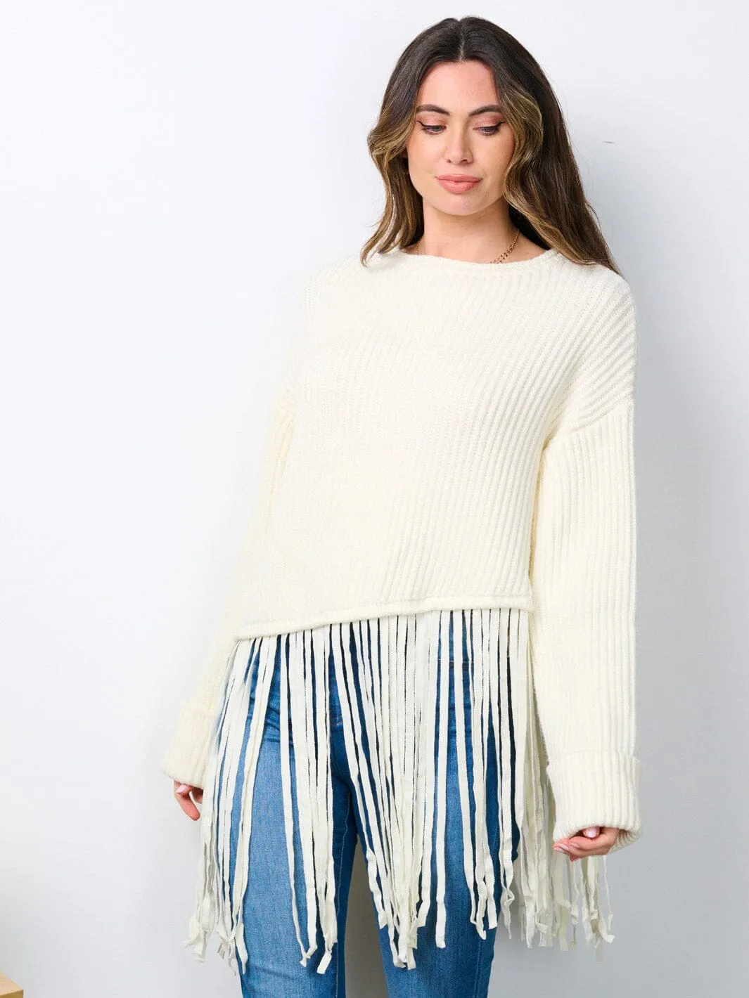 WOMEN'S LONG SLEEVE FRINGE RIBBED SWEATER