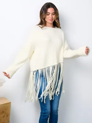 WOMEN'S LONG SLEEVE FRINGE RIBBED SWEATER