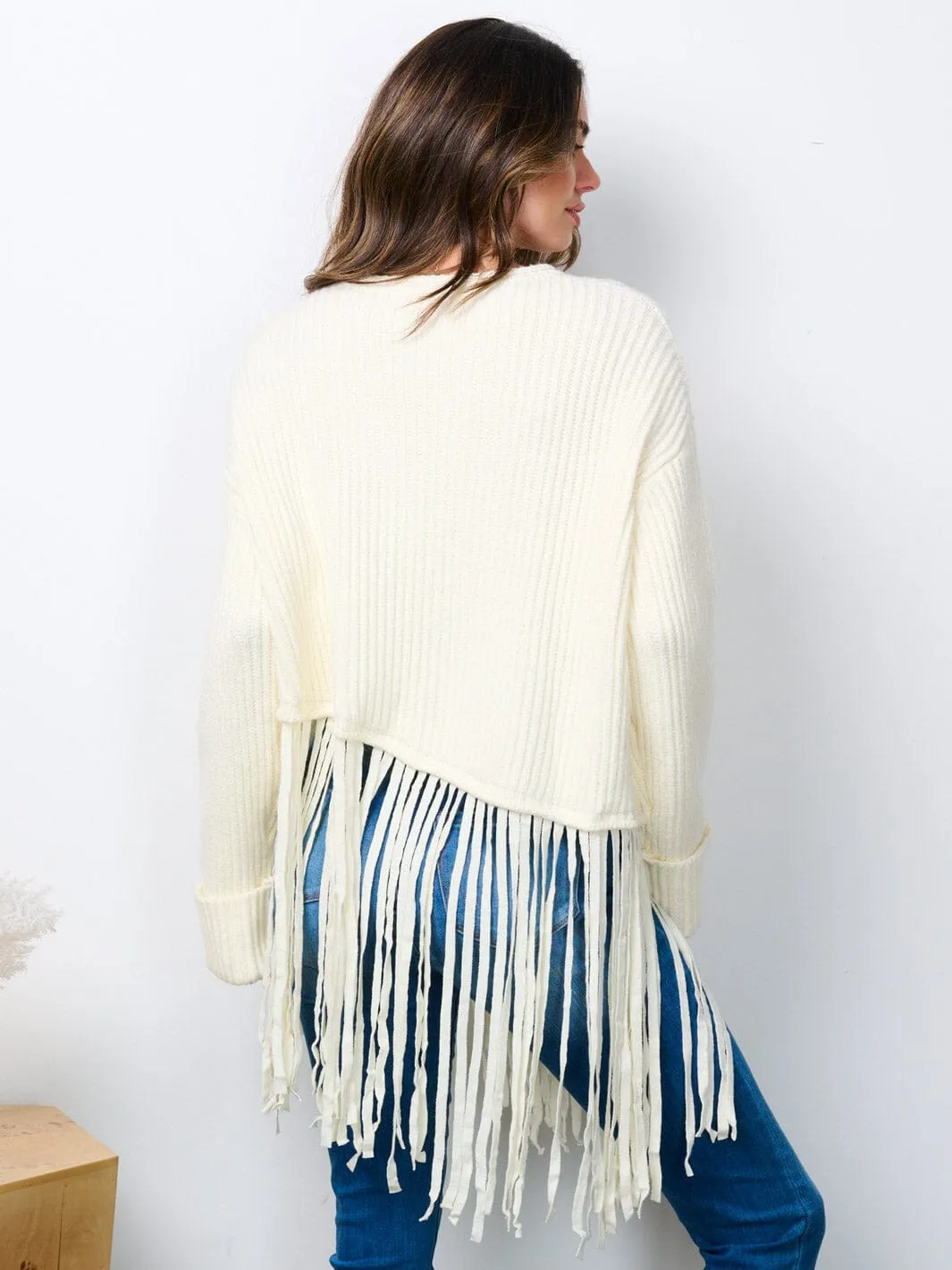 WOMEN'S LONG SLEEVE FRINGE RIBBED SWEATER