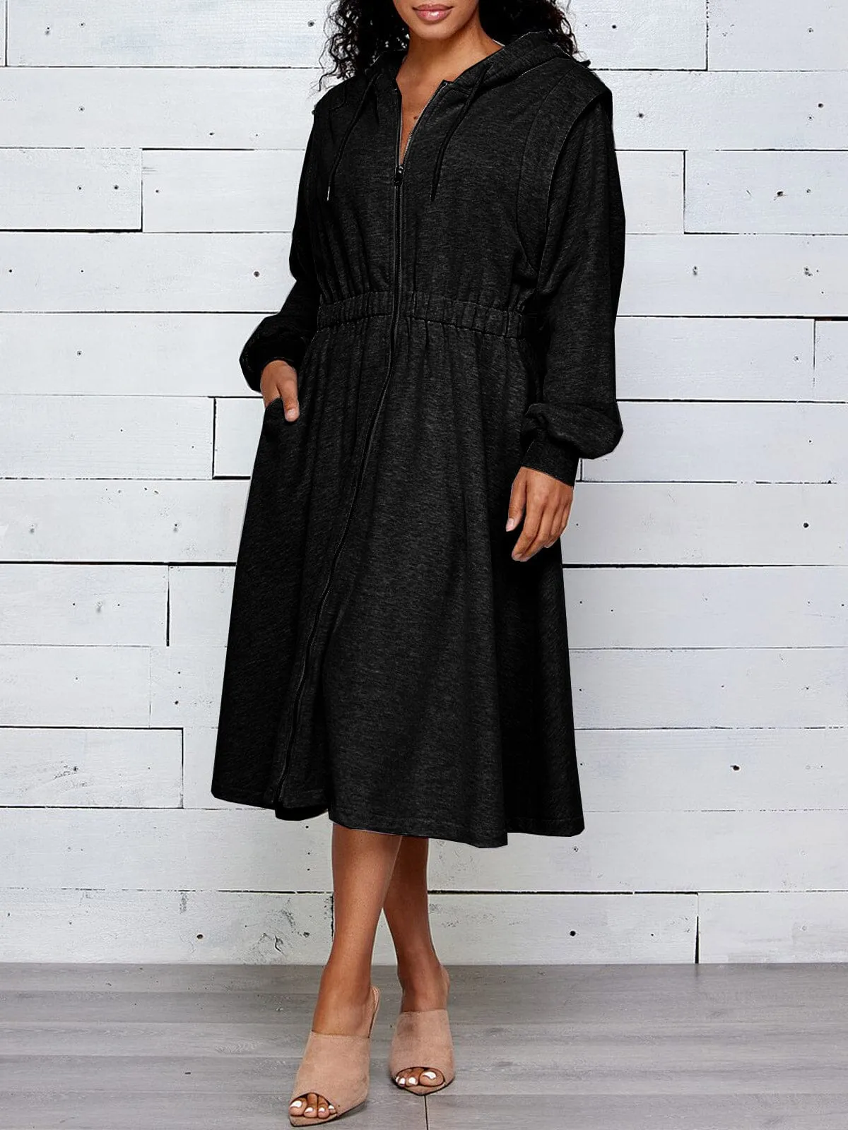 WOMEN'S LONG SLEEVE ZIP UP HOODED MIDI DRESS