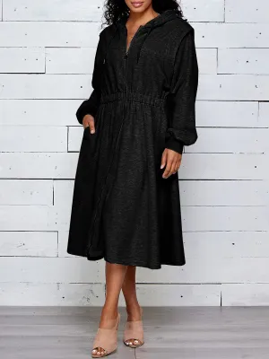 WOMEN'S LONG SLEEVE ZIP UP HOODED MIDI DRESS