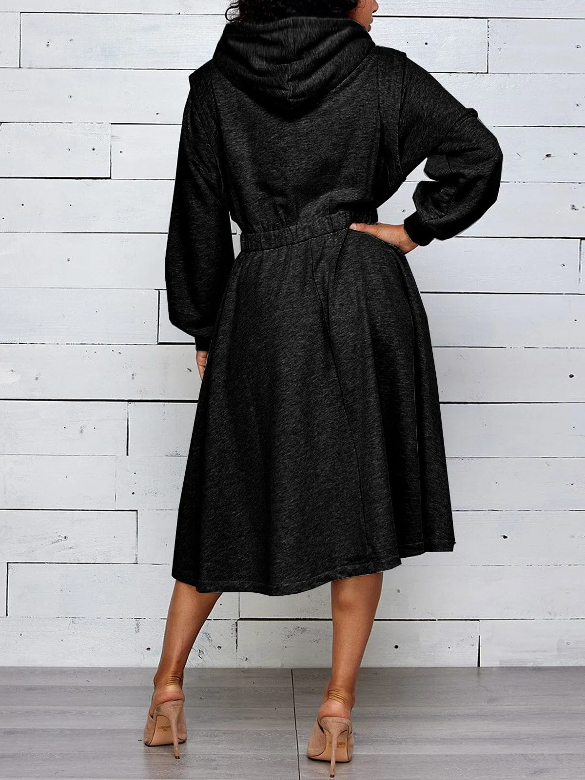 WOMEN'S LONG SLEEVE ZIP UP HOODED MIDI DRESS