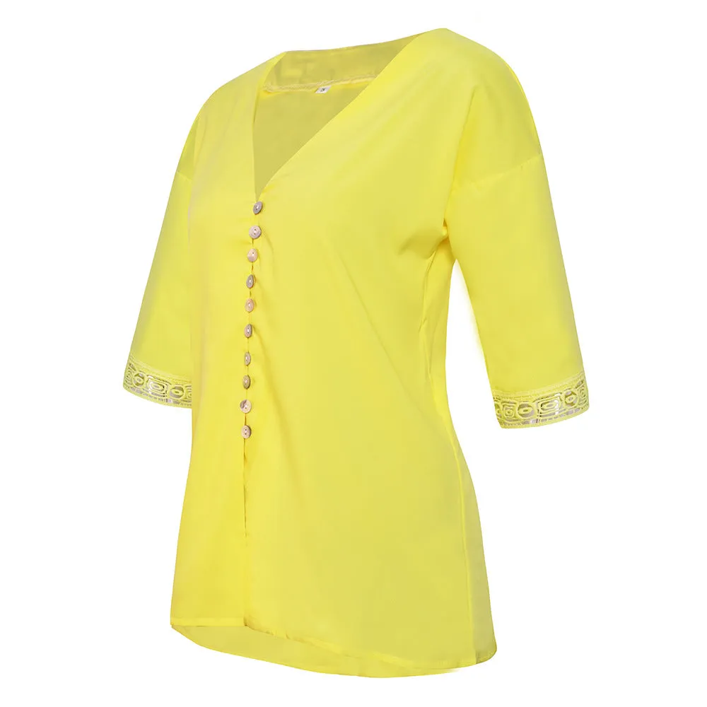 Women's Loose V Neck Lace Edge Shirt Button Blouse