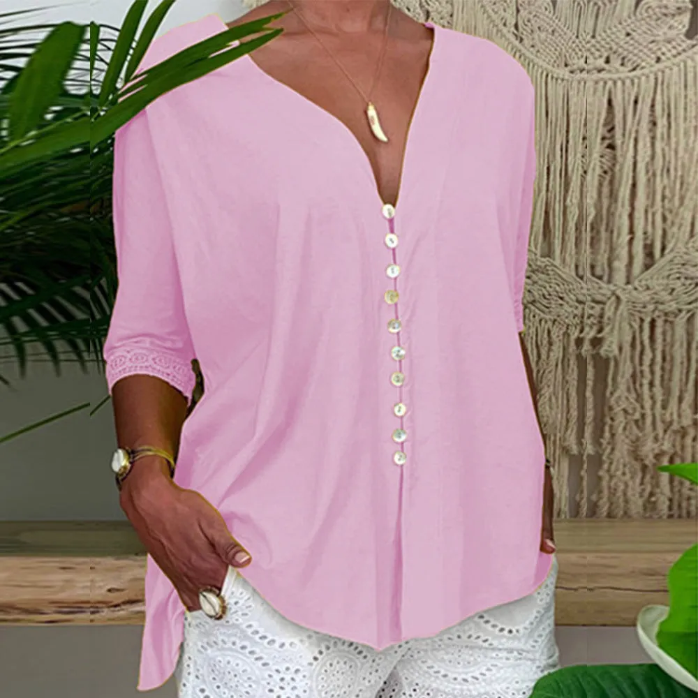 Women's Loose V Neck Lace Edge Shirt Button Blouse