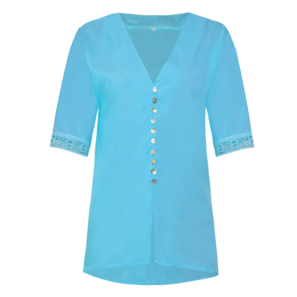 Women's Loose V Neck Lace Edge Shirt Button Blouse