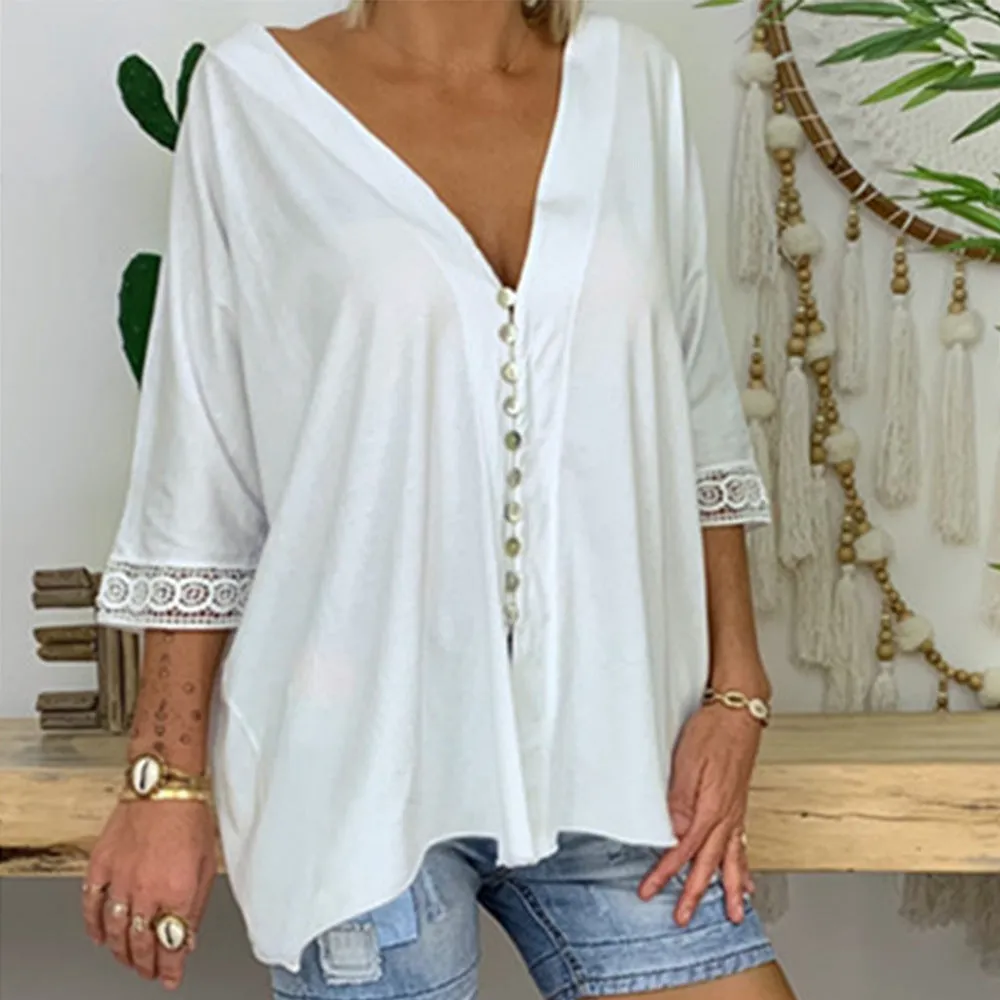 Women's Loose V Neck Lace Edge Shirt Button Blouse