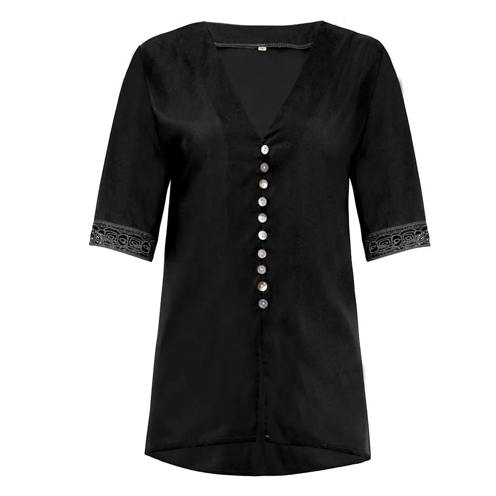 Women's Loose V Neck Lace Edge Shirt Button Blouse