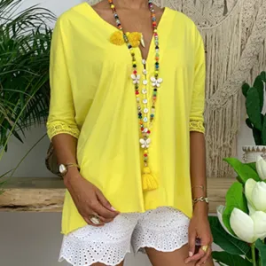 Women's Loose V Neck Lace Edge Shirt Button Blouse