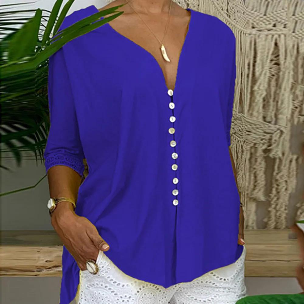 Women's Loose V Neck Lace Edge Shirt Button Blouse