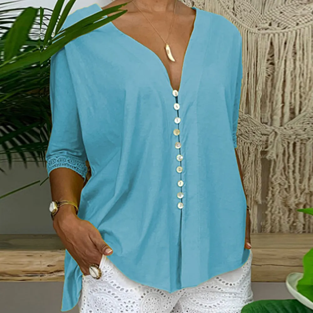 Women's Loose V Neck Lace Edge Shirt Button Blouse