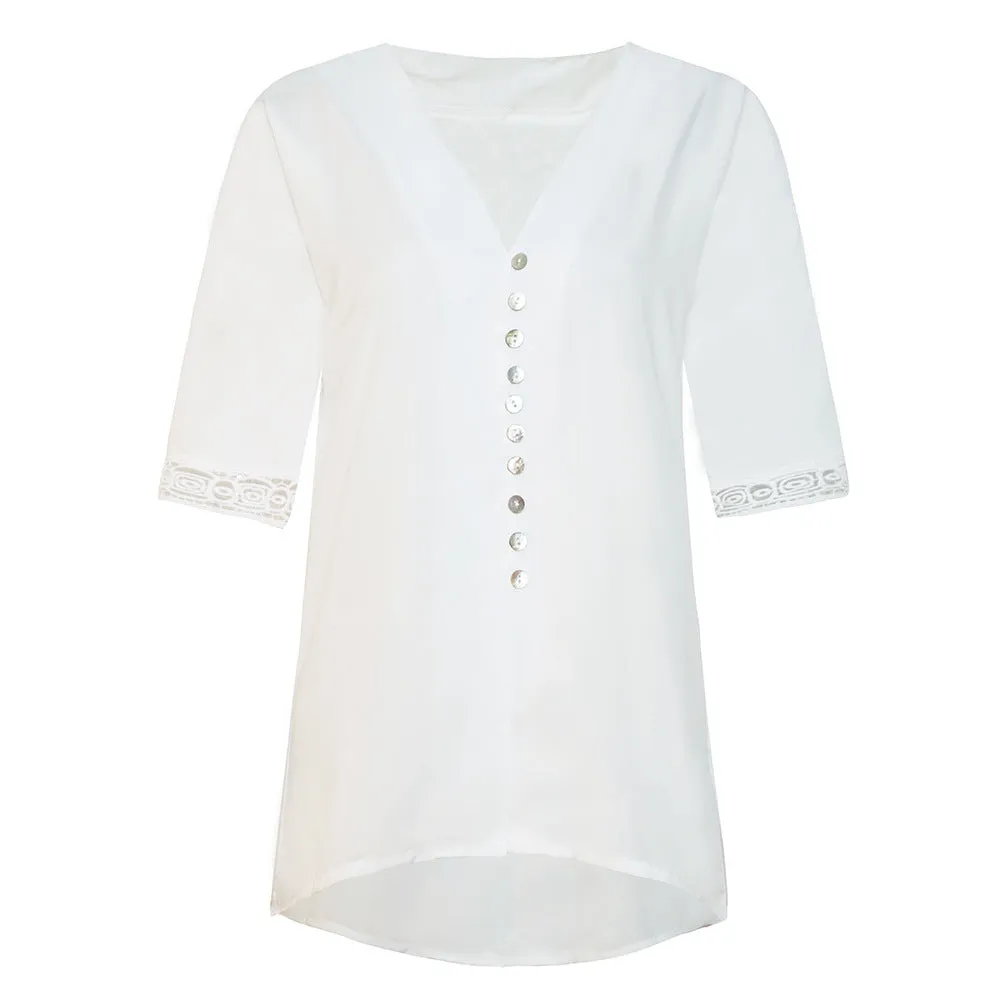 Women's Loose V Neck Lace Edge Shirt Button Blouse