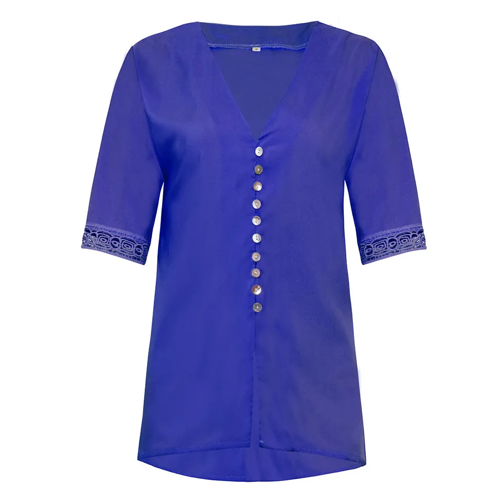 Women's Loose V Neck Lace Edge Shirt Button Blouse